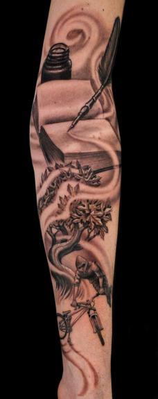 BMX rider/tree/book/quill  Tattoo Design Thumbnail